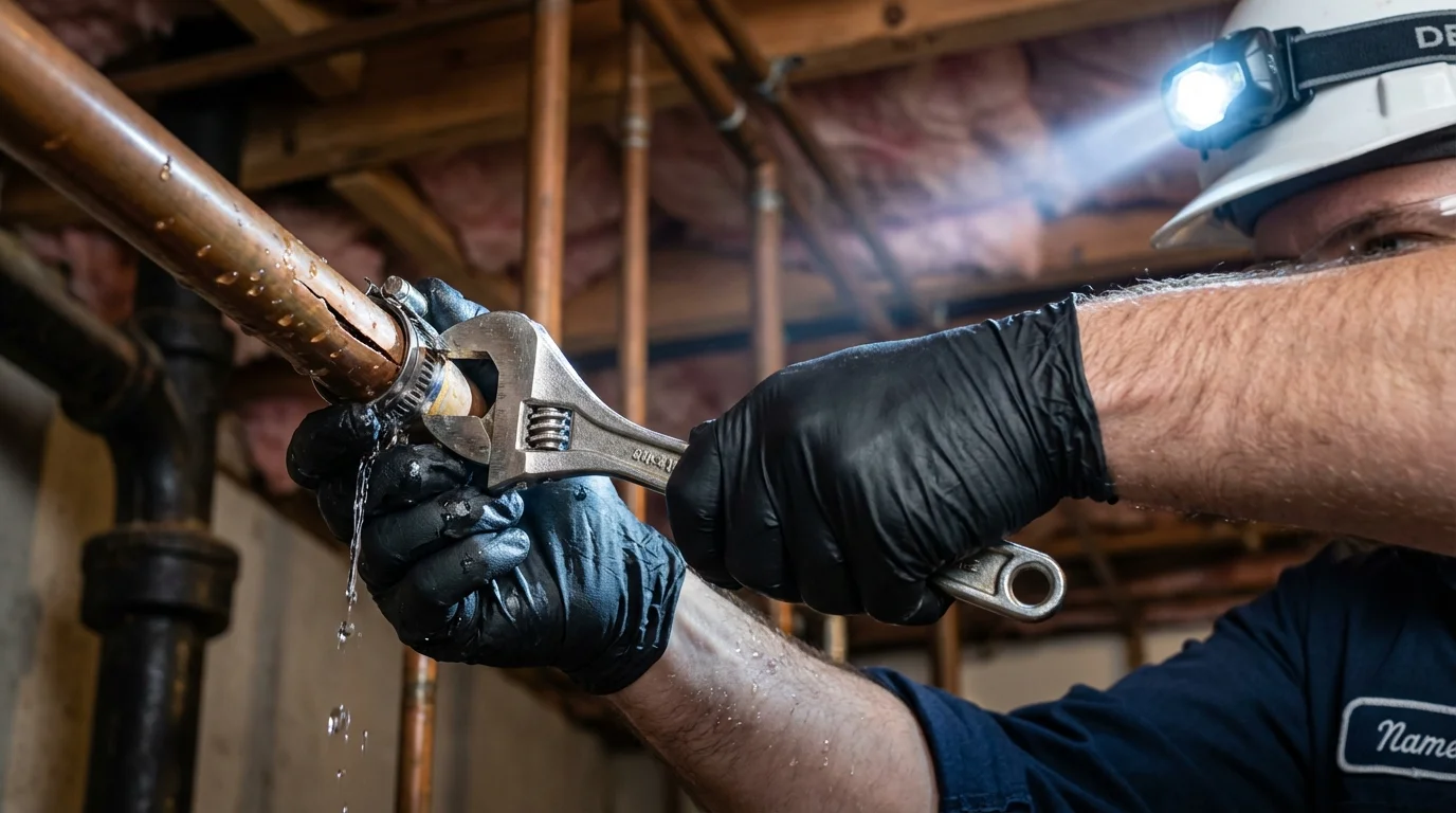 Emergency pipe clamp repair being performed by a Johns Plumbing LLC plumber in Warrenton