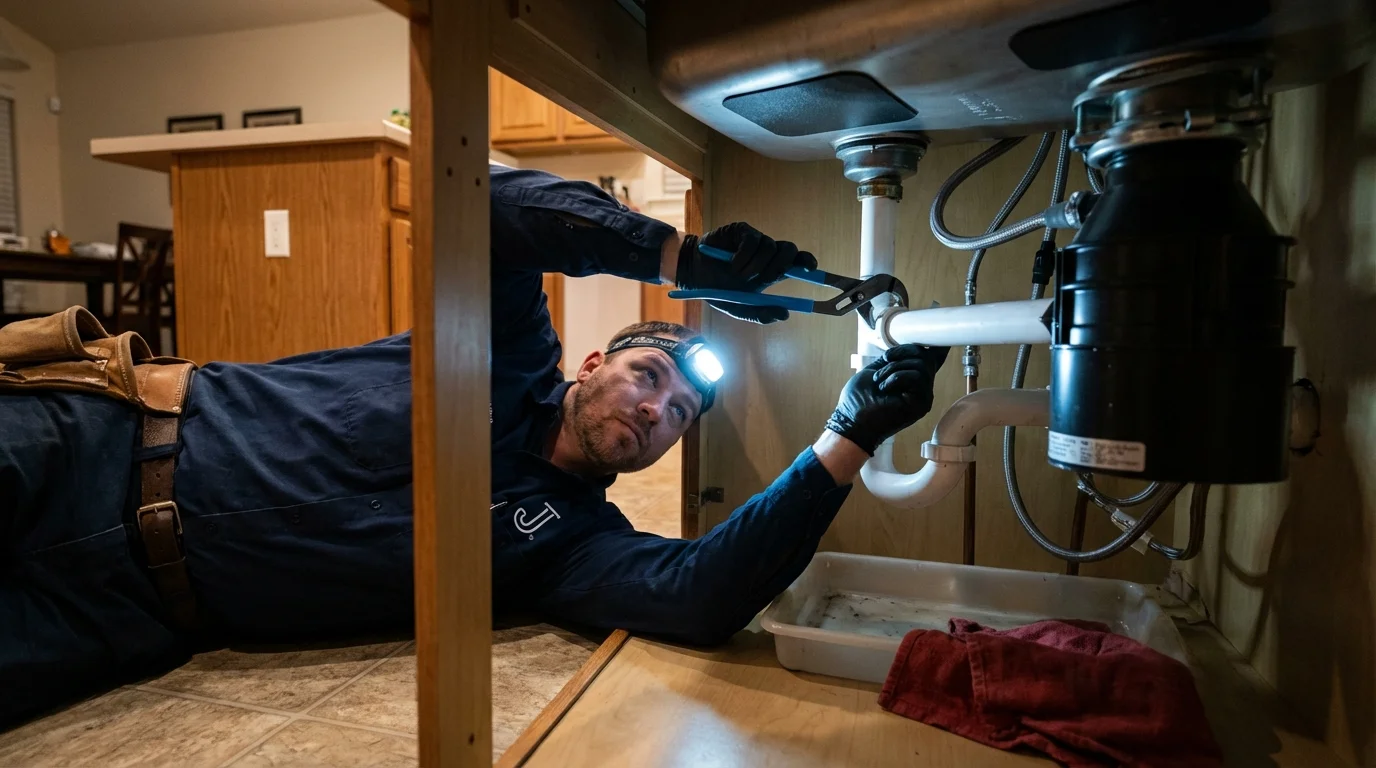 P-trap and supply line connections under a kitchen sink showing a common leak point in Warrenton, VA